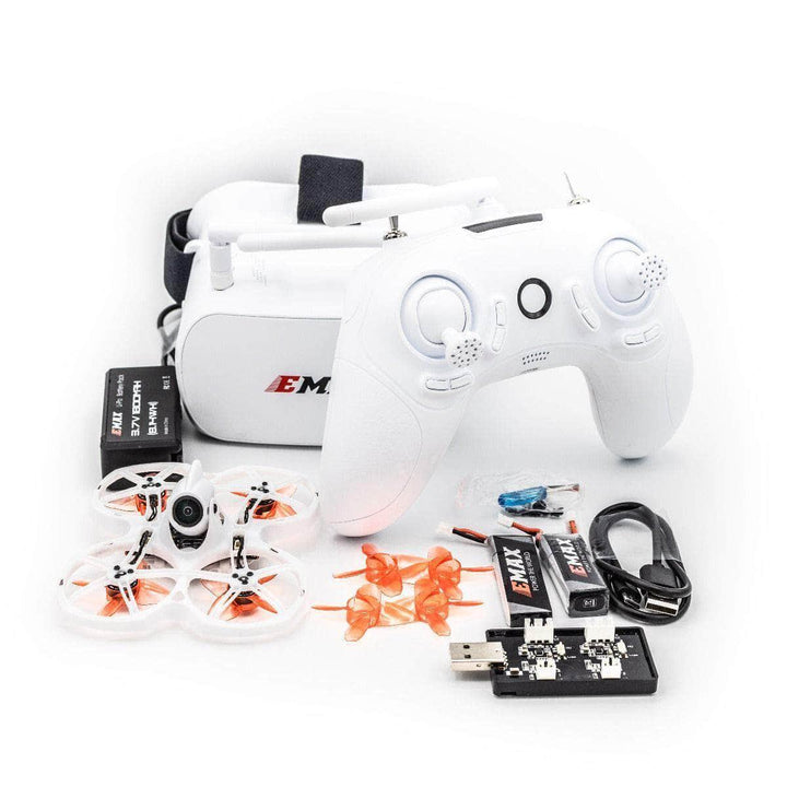 (PRE-ORDEN) Kit analógico EMAX RTF Tinyhawk II listo para volar con gafas, transmisor de radio, estuche y dron Whoop de 75 mm para carreras en interiores