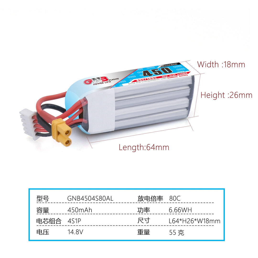 GNB 450mAh 14.8v 4S 80C - XT30 Lipo Battery