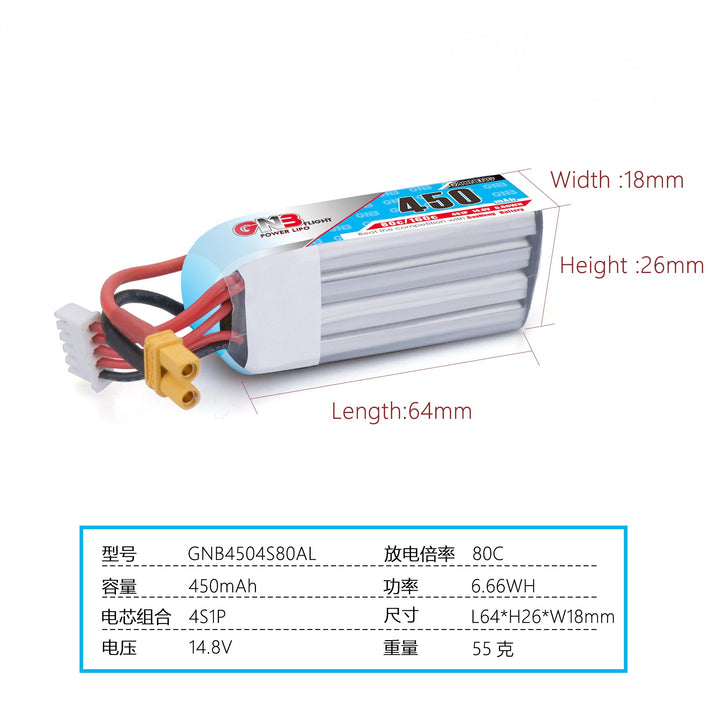 GNB 450mAh 14.8v 4S 80C - XT30 Lipo Battery