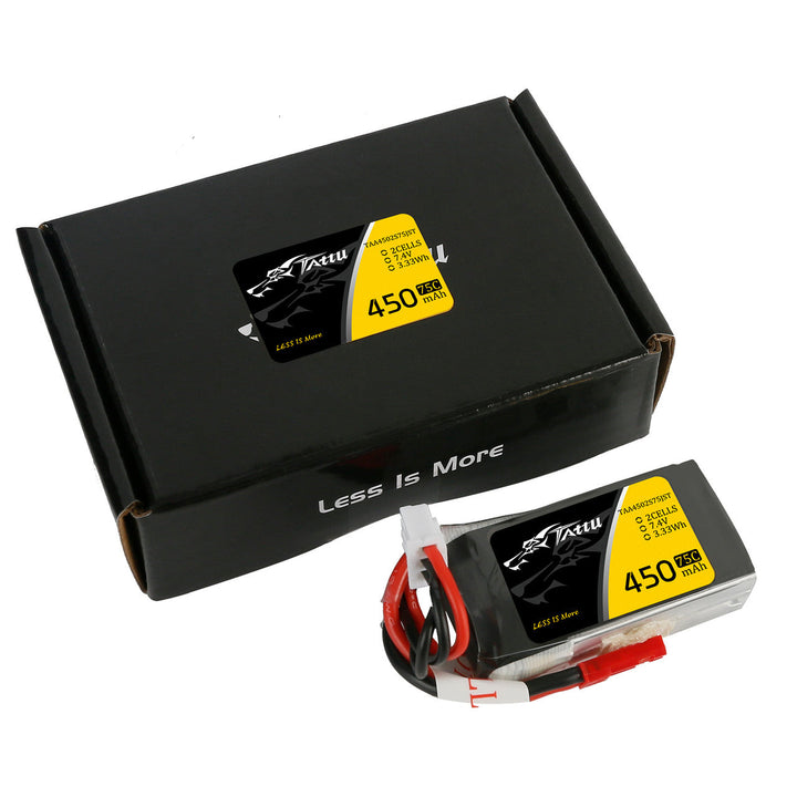 Paquete de batería de polímero de litio Tattu de 450 mAh, 2S, 75 C y 7,4 V con conector XT30 (tamaño largo)