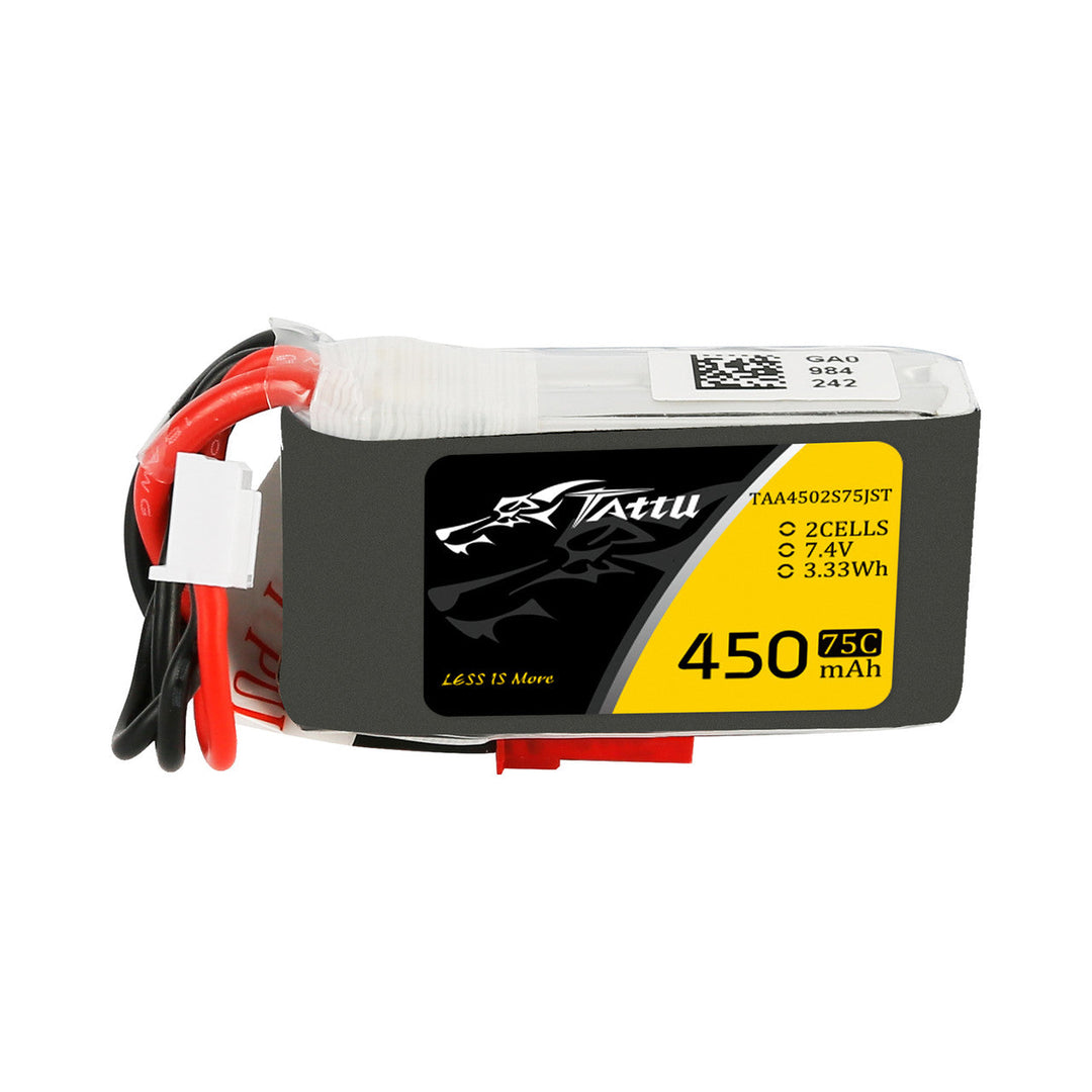 Paquete de batería de polímero de litio Tattu de 450 mAh, 2S, 75 C y 7,4 V con conector XT30 (tamaño largo)