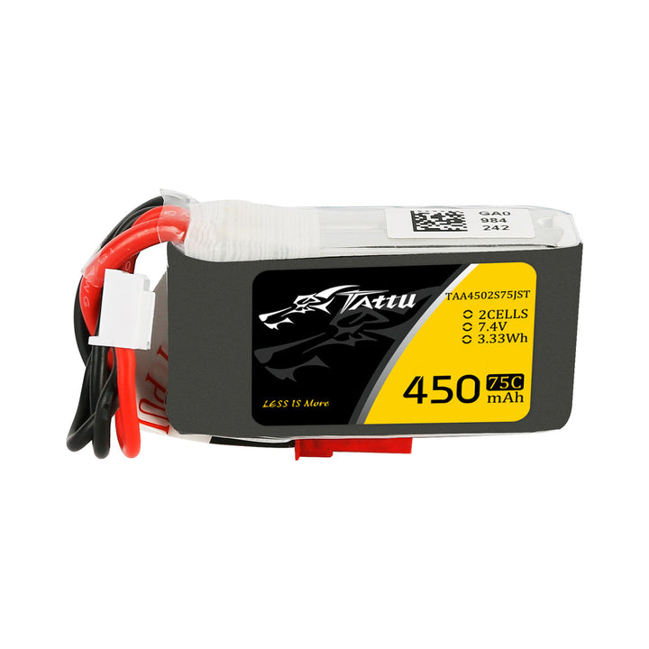Paquete de batería de polímero de litio Tattu de 450 mAh, 2S, 75 C y 7,4 V con conector XT30 (tamaño largo)