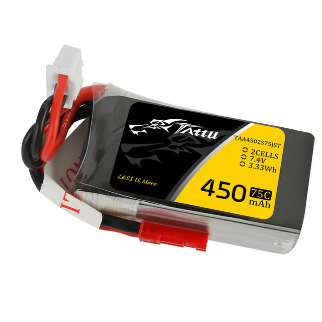 Paquete de batería de polímero de litio Tattu de 450 mAh, 2S, 75 C y 7,4 V con conector XT30 (tamaño largo)