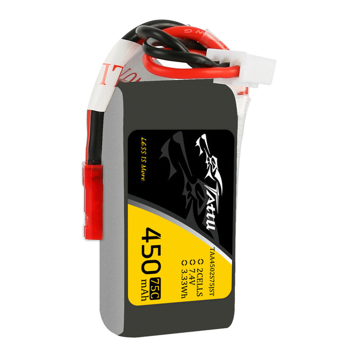 Paquete de batería de polímero de litio Tattu de 450 mAh, 2S, 75 C y 7,4 V con conector XT30 (tamaño largo)