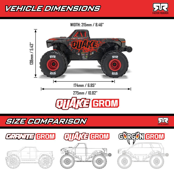 ARRMA 2137T1 [RED] Quake Grom 4x4 1/16 Scale RTR Brushed Monster Truck