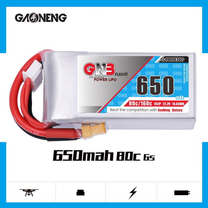 GNB 650mAh 22.2v 6S 80C - XT30 Lipo Battery