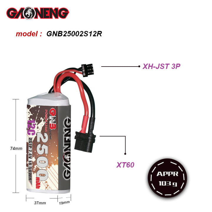 GNB 2500mah 7.4V 2S 12C Li-ion Battery Pack 18650 Long Range FPV