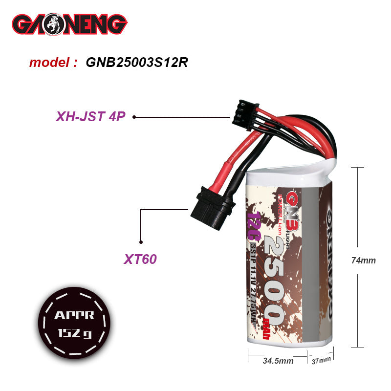 GNB 2500mah 11.1V 3S 12C Li-ion Battery Pack 18650 Long Range FPV