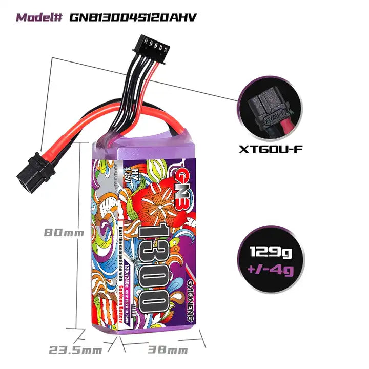 GNB 4S 1300MAH 15.2V 120C XT60 HV High Voltage LiHV RC LiPo Battery 180mm to 330mm Brushless FPV 5 to 6 inch Drone Quads