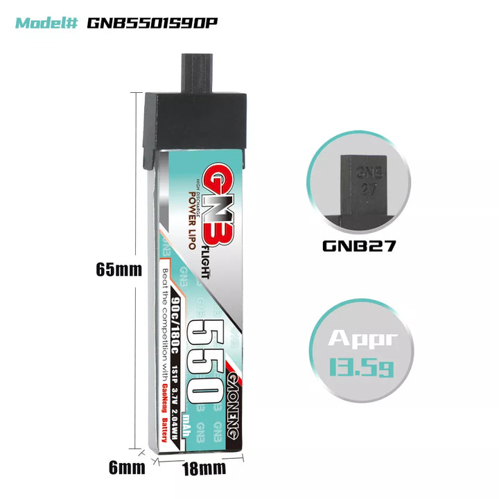 GNB 1S 550MAH 3.7V 90C GNB27 Plug Plastic Head LiPo Battery