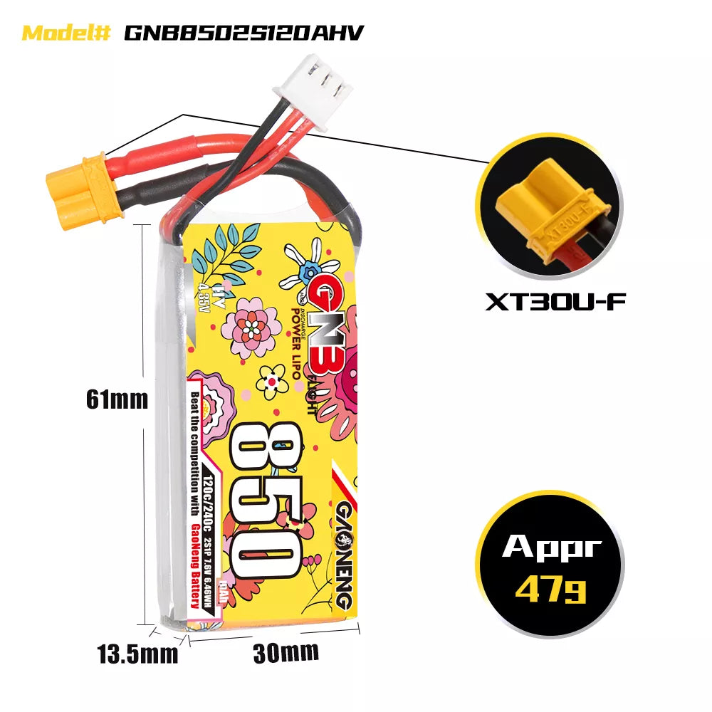 GNB 850mAh 2S HV 7.6V 120C XT30 LiPo Battery