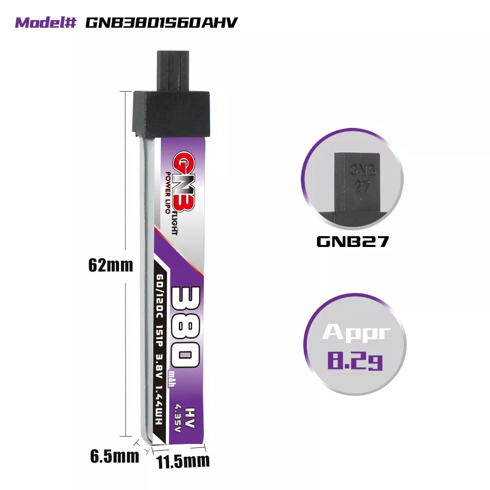 GNB 1S 380mah 3.8V 60C Plastic Head GNB27 HV LiPo Battery