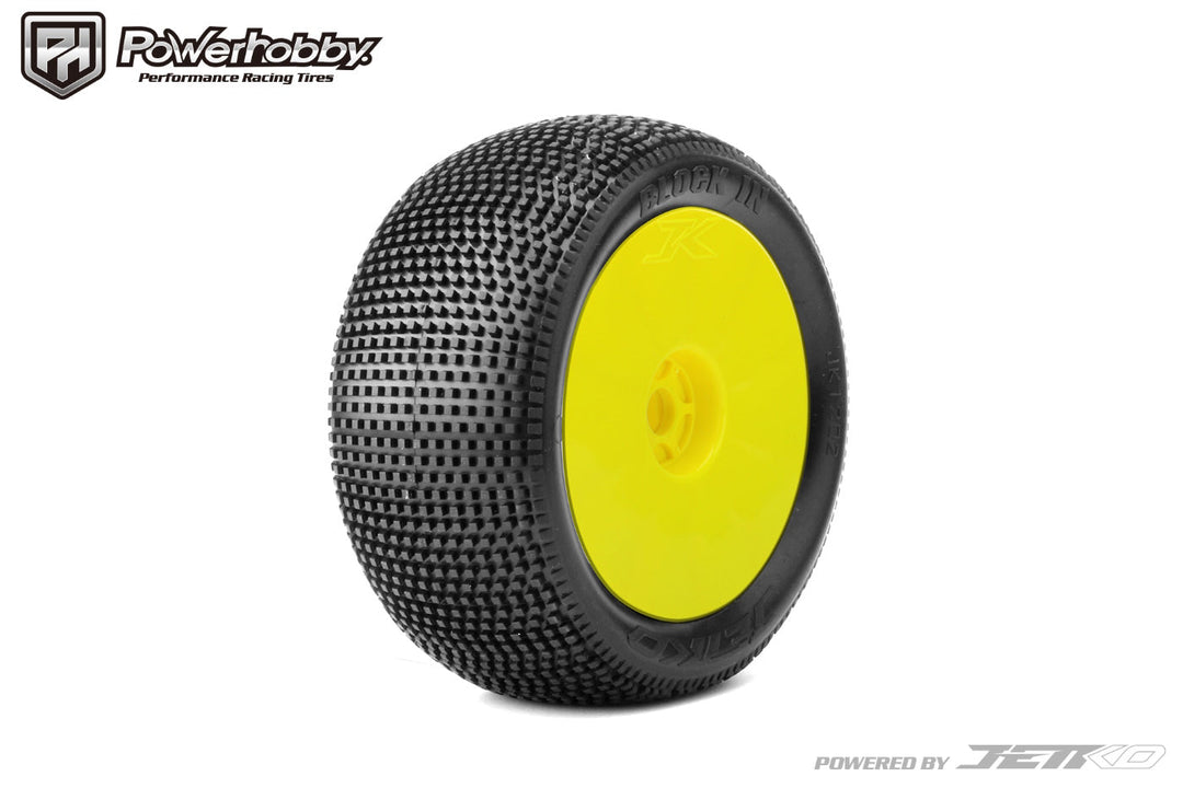 Powerhobby Block In 1/8 Truggy Mounted Tires Yellow Dish Wheels (2) Medium Soft