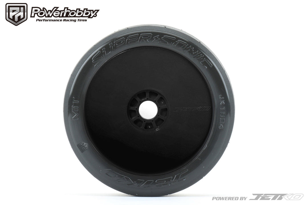 Powerhobby 1/8 Buggy Super Sonic Belted Tires Mounted on Black Dish Wheels