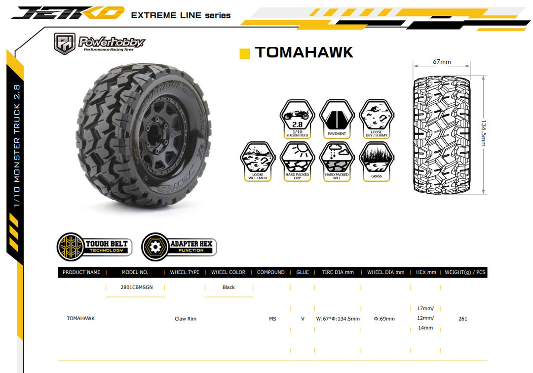Powerhobby 1/10 2.8 MT Tomahawk Belted Tires (2) with Removable Hex Wheels