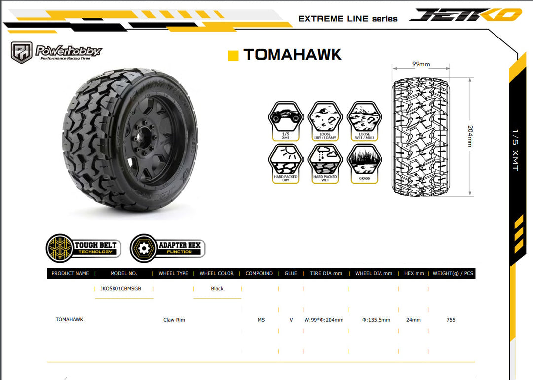Powerhobby Tomahawk 1/5 Belted Tires (2) FOR Traxxas X-Maxx Arrma Losi DBXL-E