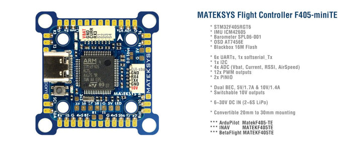 Matek F405-MINITE - 30x30mm or 20x20mm w/ 32K Gyro, Barometer, and BetaFlight OSD at WREKD Co.