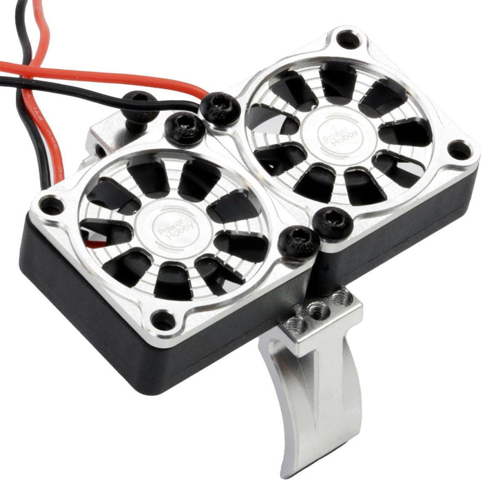 Powerhobby 1/10 Aluminum Heatsink Mount 30mm Twin Turbo Cooling Fans 28K Silver