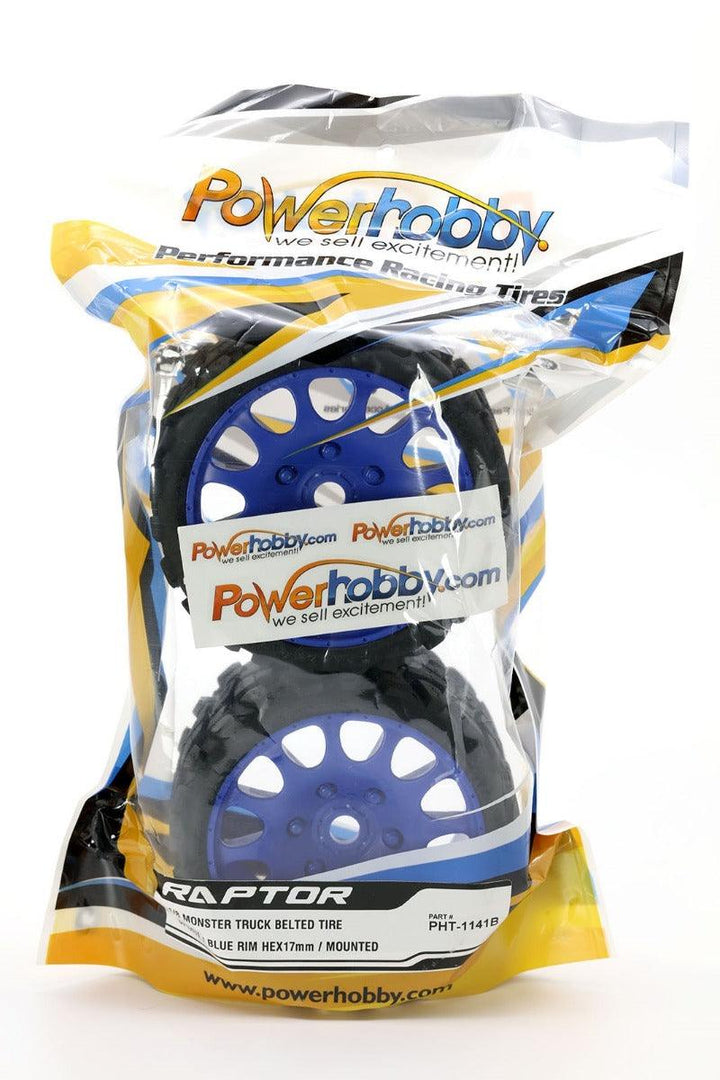 Powerhobby Raptor Belted Monster Truck Tires / Wheels w 17mm Hex (2) Sport BLUE