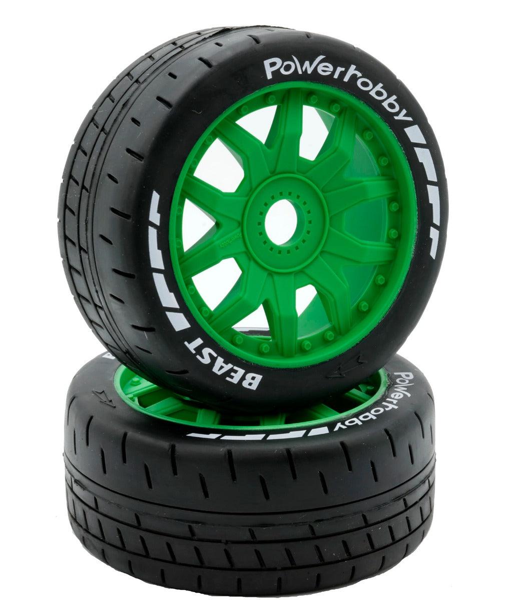 Powerhobby 1/8 GT Beast Belted Mounted Tires 17mm Medium Green Wheels