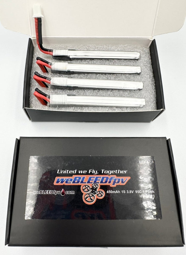 weBLEEDfpv 450mAh 1S BT2.0 LiPo Batteries (4 pack) - Choose Pigtail / Direct - Plug at WREKD Co.