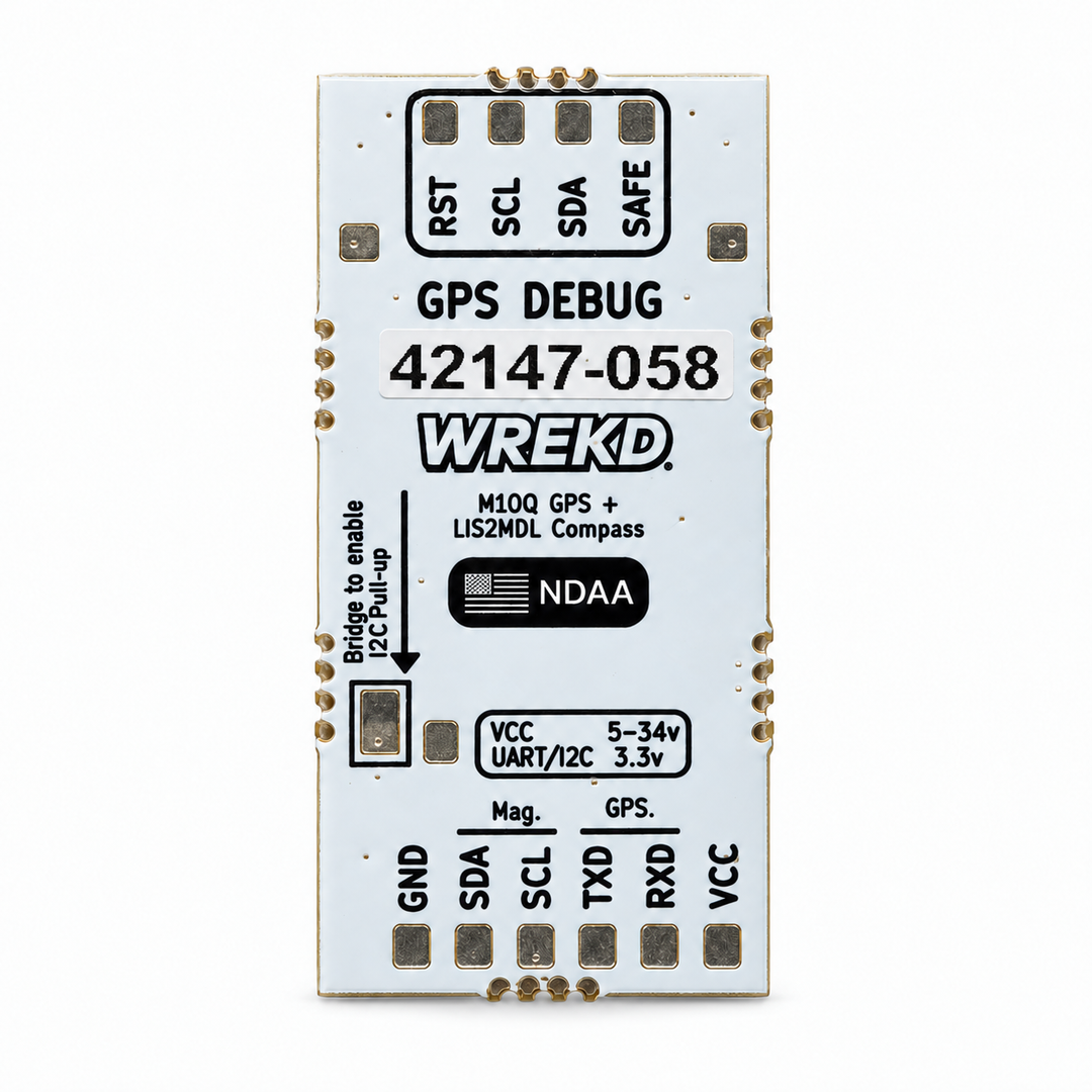 Back view of the WREKD MINI GPS showing the WREKD logo and connection labels on a white background