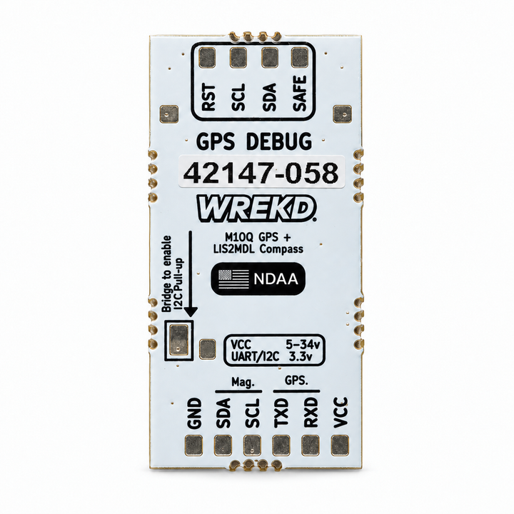 Back view of the WREKD MINI GPS showing the WREKD logo and connection labels on a white background