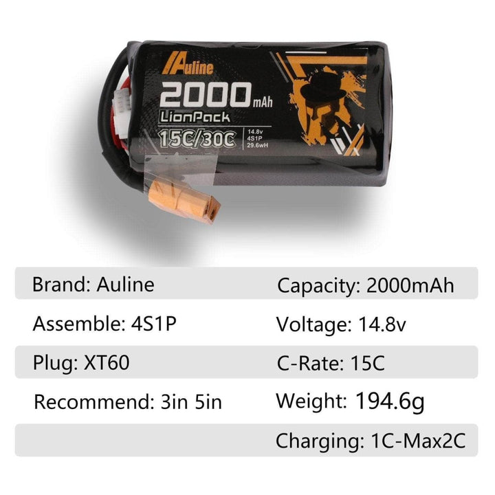 Auline 14.8V 4S 18650 2000mAh 30C Li-Ion Battery - XT60 at WREKD Co.