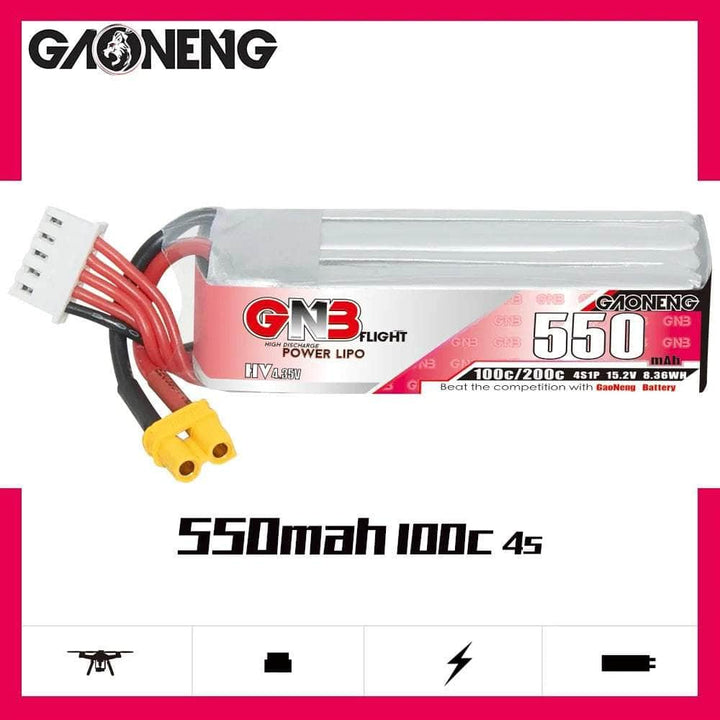 Gaoneng GNB 15.2V 4S 550mAh 100C LiHV Micro Battery (Long Type) - XT30 at WREKD Co.