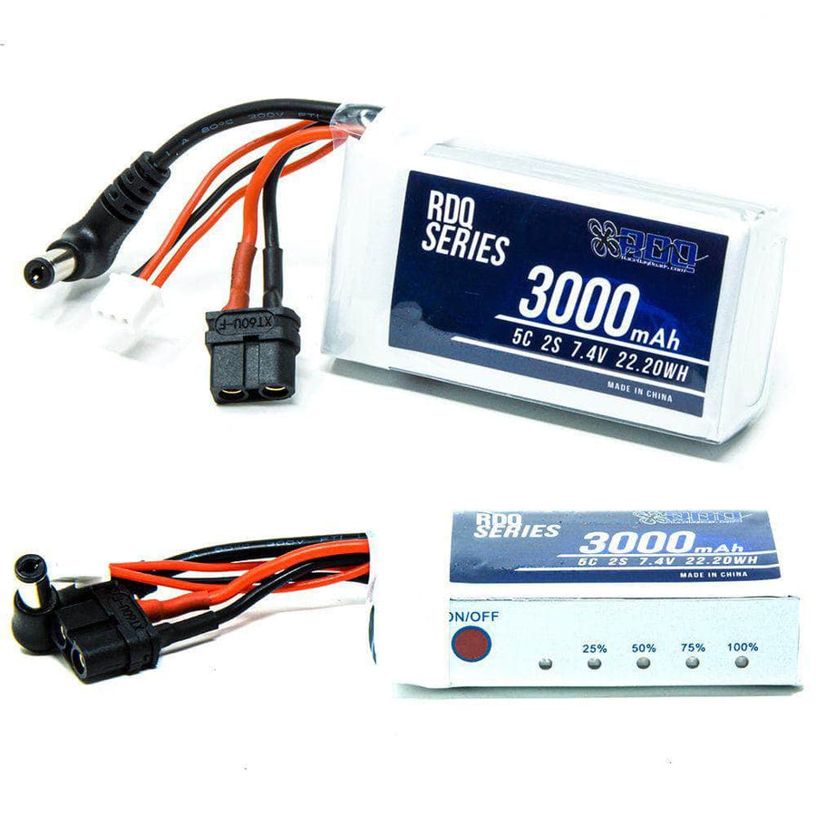 RDQ Series 7.4V 2S 3000mAh 5C FPV Goggle LiPo Battery w/ Charge Indicator - Barrel Jack & XT60 at WREKD Co.